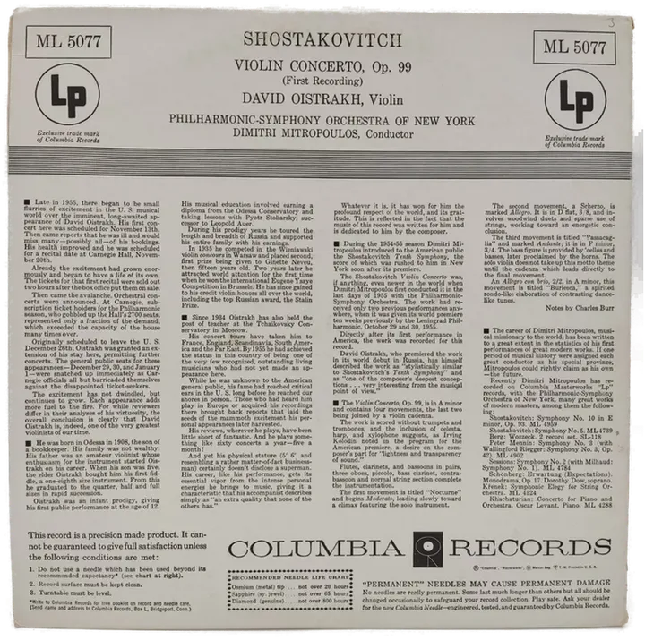 Vinyl LP - Shostakovitch, Oistrakh, Mitropoulos - Violin Concerto Op. 99 - Bild 2