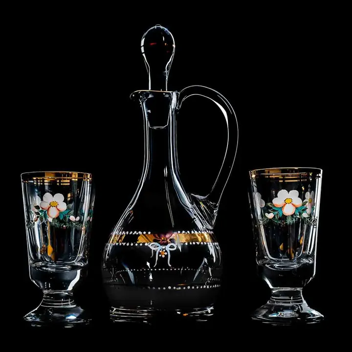 Karaffe mit 2 Gläser, Kristall, bemalt, Goldrand - Bild 2