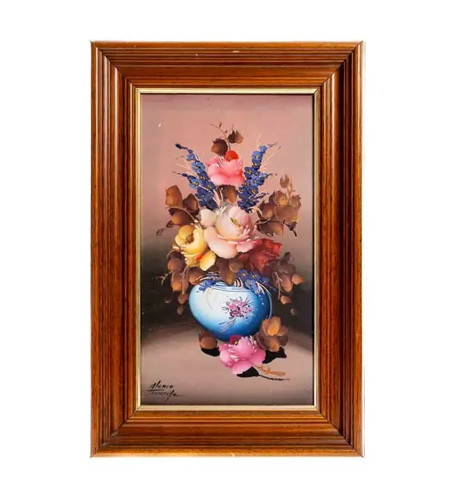 Bild Alfonso Tenerife Blumenstillleben im Holzrahmen, signiert, Vintage Wandbild - Bild 1