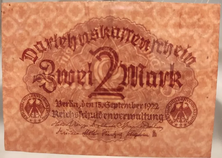Alter Geldschein 2 Mark Darlehenskassenschein Reichsschuldenverwaltung Berlin 1922 zirkuliert 3  - Bild 3