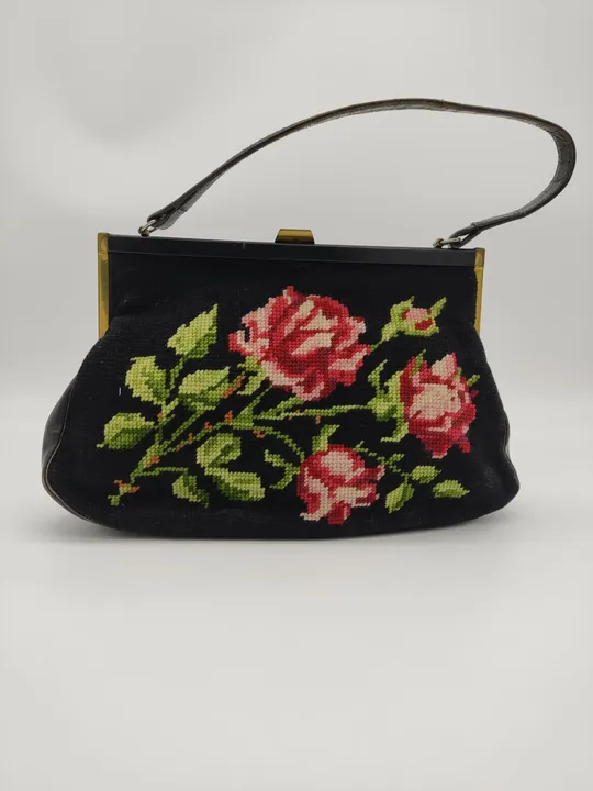 Handtasche mit Henkel, Blumenstickerei,schwarz - Bild 4