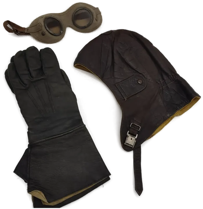 Vintage Leder Motorradausrüstung Set - Haube, Handschuhe, Schutzbrille - Bild 2