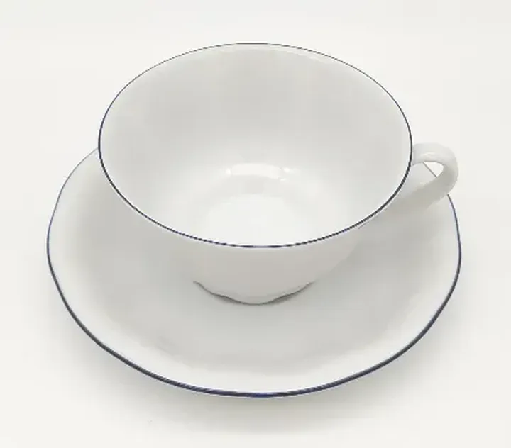 Porzellan Teetasse mit Unterteller weiß/ blau  - Bild 1