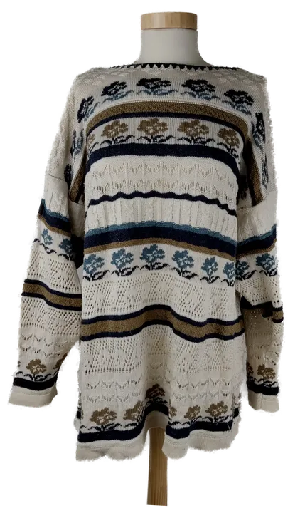 Pullover langarm mit Rundhalsausschnitt, gestrickt mit verschiedenen Mustern, beige/blau/braun, Größe XL (geschätzt) - Bild 4
