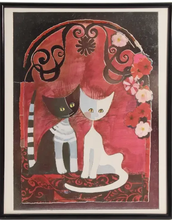 Rosina Wachtmeister Stil Katzenbild | Kunstdruck gerahmt | BH RINX Rahmen - Bild 1