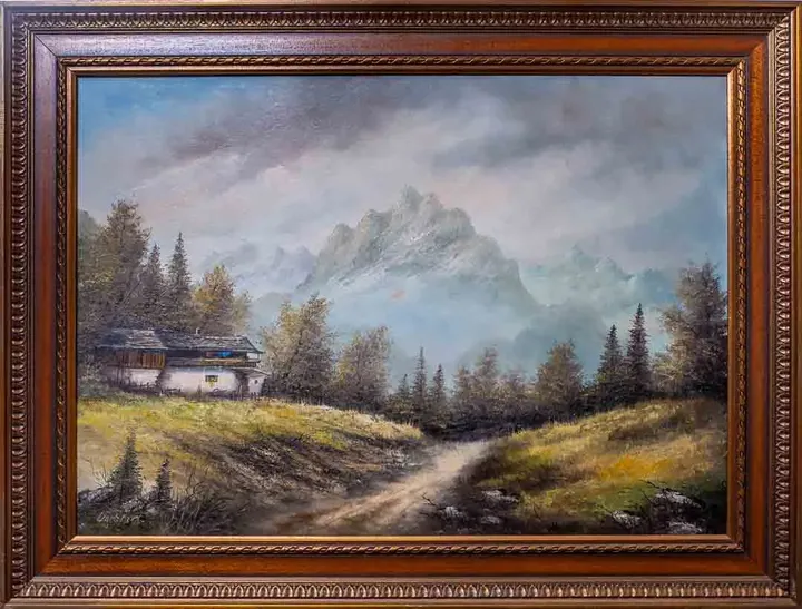 Bild Öl auf Leinwand, Bauernhof mit Gebirge, signiert - Bild 3