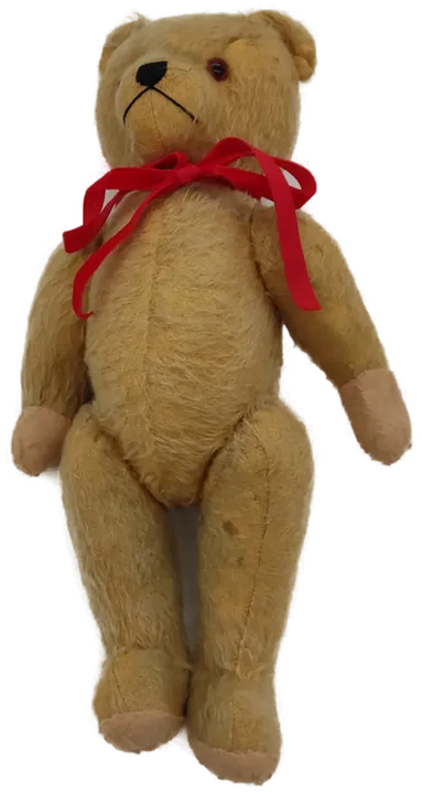 Alter Teddybär hellbraun mit roter Schleif hart gestopft im stehen 44 cm  - Bild 9