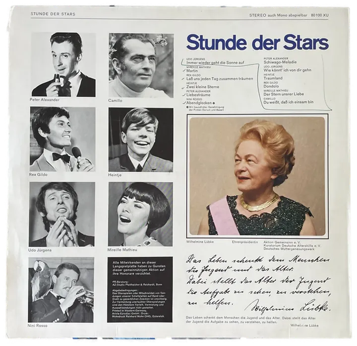 LP Schallplatte - Stunde der Stars - Peter Alexander, Camillo, Rex Gildo, Heintje, Udo Jürgens, Mireille Mathieu, Nini Rosso - Bild 2