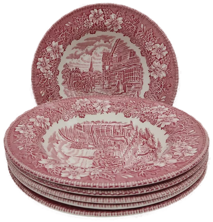 Royal Tudor Set( 6 Stück Suppenteller) handgraviert W. N. Mellor rot England - Bild 1