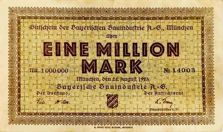 Alter Geldschein 1 Million Mark Gutschein der Bayerischen Bauindustrie AG München 1923 zirkuliert 3  - Bild 2