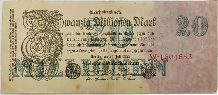 Alter Geldschein 20 Millionen Mark Reichsbanknote Reichsbankdirektorium Berlin 1923 zirkuliert 3 - Bild 1