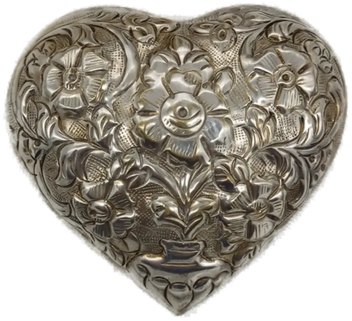 Vintage Herz Schmuckkästchen Metall verziert geprägt florales Design, Silberplatte - Bild 1