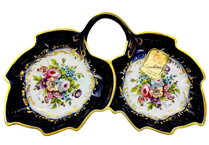 Limoges Doppel-Schale mit Blumenmuster und Goldrand Breite ca 24cm - Bild 5